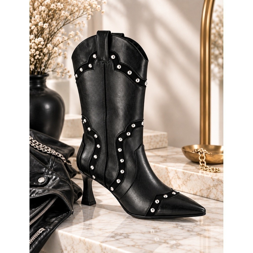 Black Studded Western Boots Pointed Toe Rocker Moto Kitten Heel Size 11 New NWT